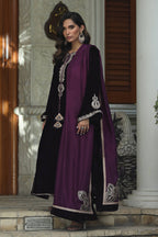 The Imperial Plum: Embroidered Velvet Suit With Silk Dupatta & Trouser | Ready To Wear