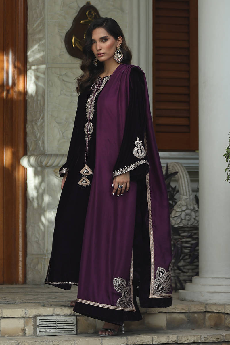 The Imperial Plum: Embroidered Velvet Suit With Silk Dupatta & Trouser | Ready To Wear