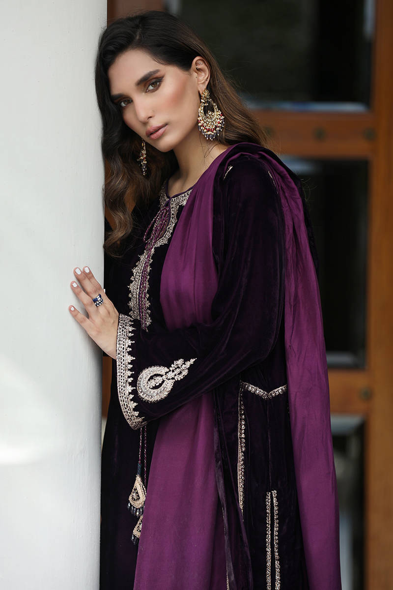 The Imperial Plum: Embroidered Velvet Suit With Silk Dupatta & Trouser | Ready To Wear