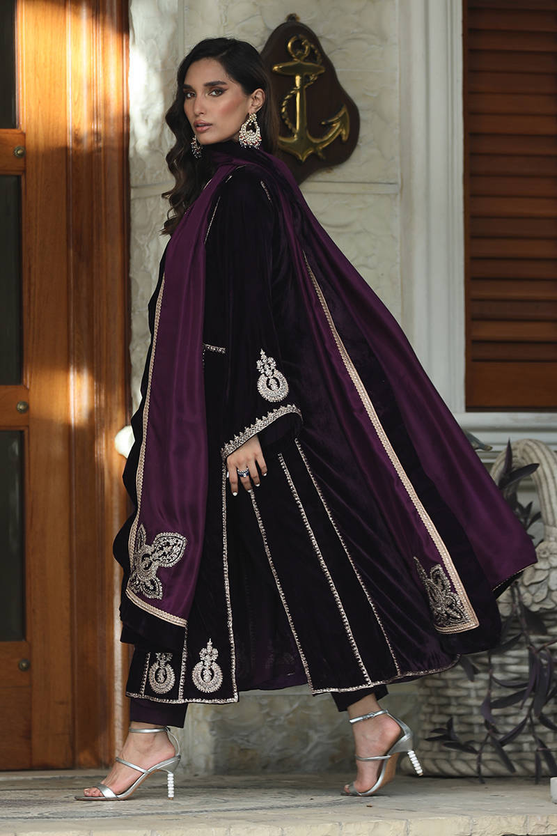 The Imperial Plum: Embroidered Velvet Suit With Silk Dupatta & Trouser | Ready To Wear