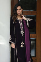 The Imperial Plum: Embroidered Velvet Suit With Silk Dupatta & Trouser | Ready To Wear