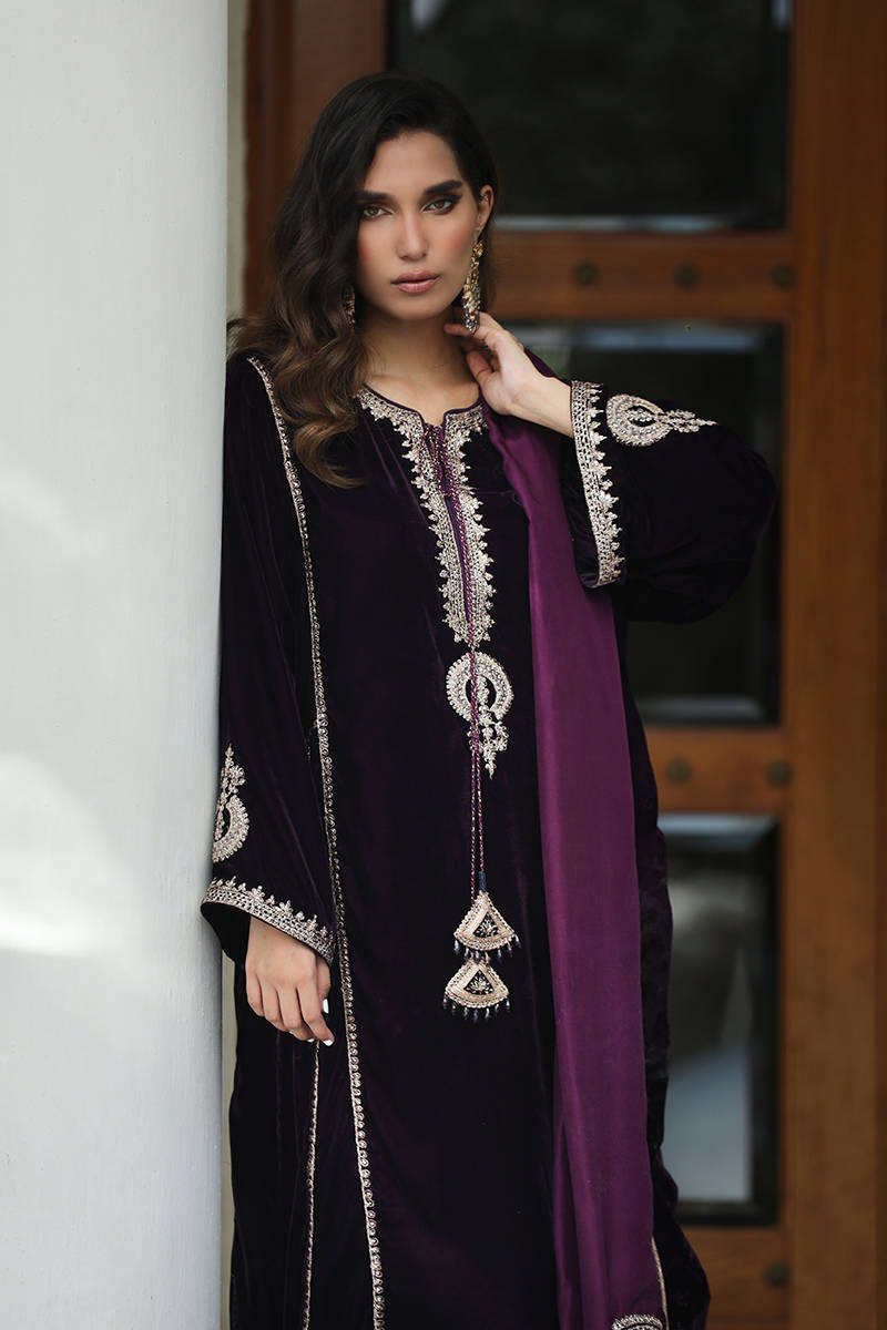 The Imperial Plum: Embroidered Velvet Suit With Silk Dupatta & Trouser | Ready To Wear