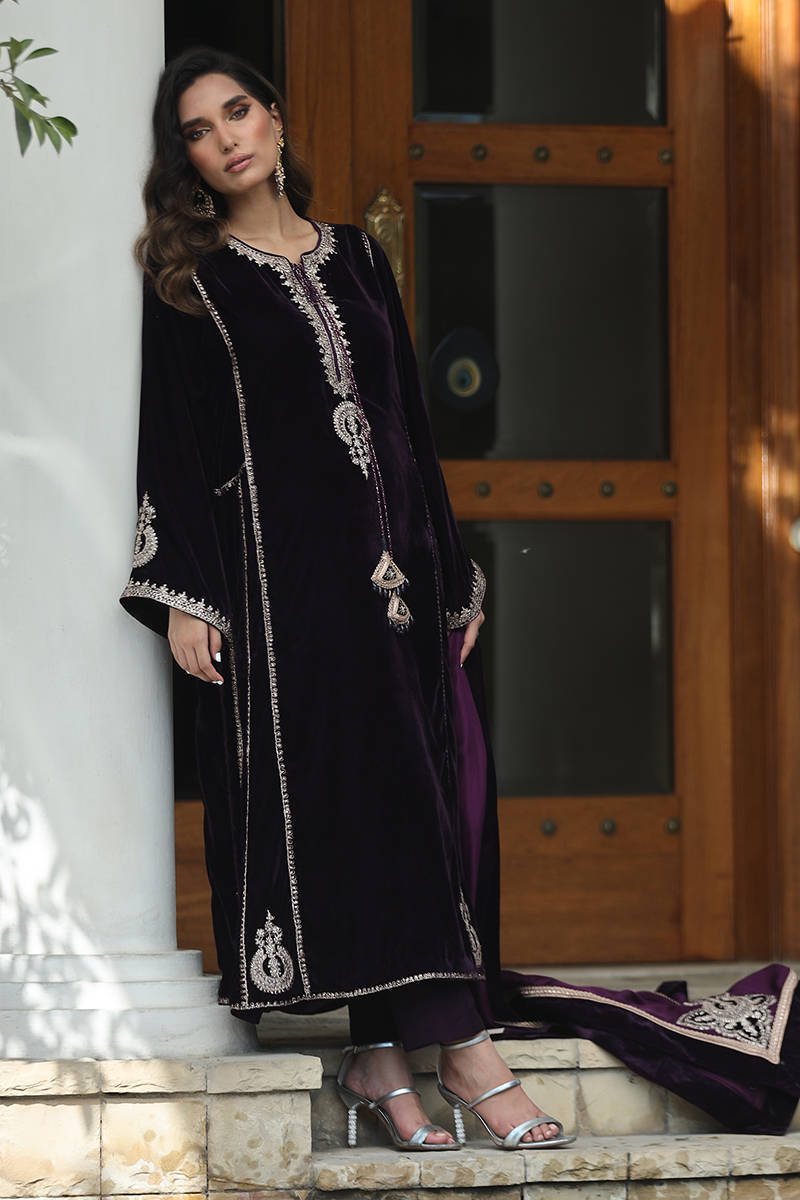The Imperial Plum: Embroidered Velvet Suit With Silk Dupatta & Trouser | Ready To Wear