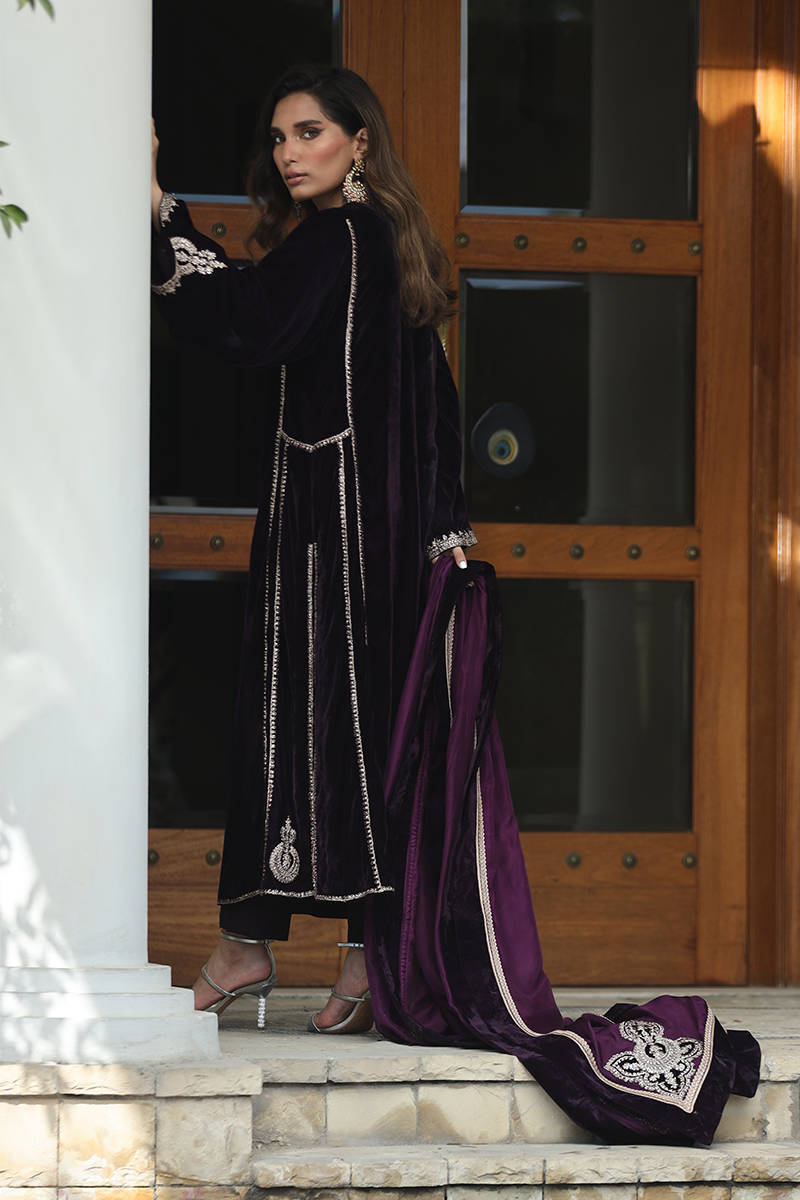 The Imperial Plum: Embroidered Velvet Suit With Silk Dupatta & Trouser | Ready To Wear
