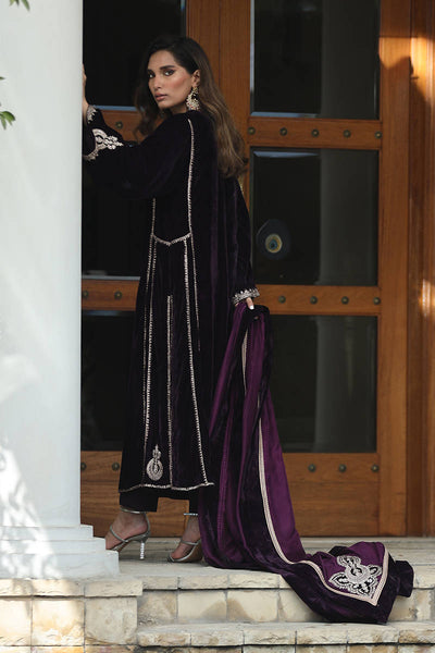 The Imperial Plum: Embroidered Velvet Suit With Silk Dupatta & Trouser | Ready To Wear