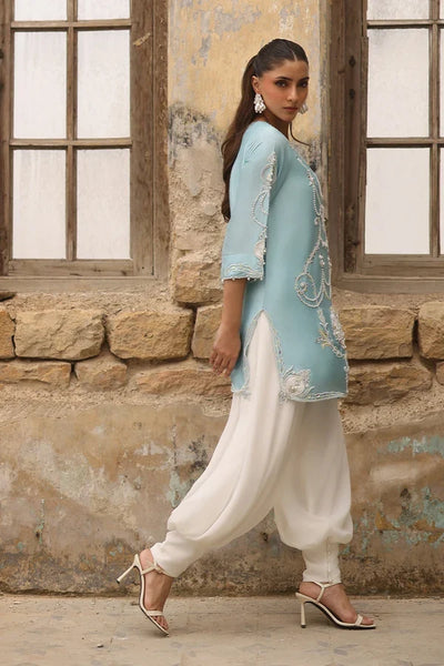 Pastel Blue & White: Embroidered Silk Short Kurti Suit | Ready To Wear