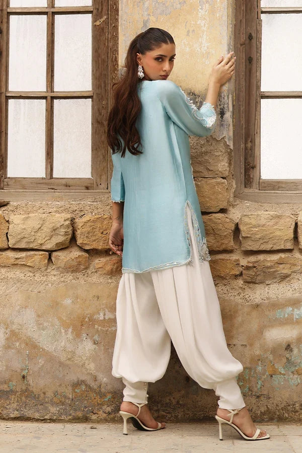 Pastel Blue & White: Embroidered Silk Short Kurti Suit | Ready To Wear