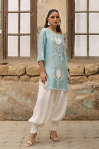Pastel Blue & White: Embroidered Silk Short Kurti Suit | Ready To Wear