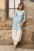 Pastel Blue & White: Embroidered Silk Short Kurti Suit | Ready To Wear