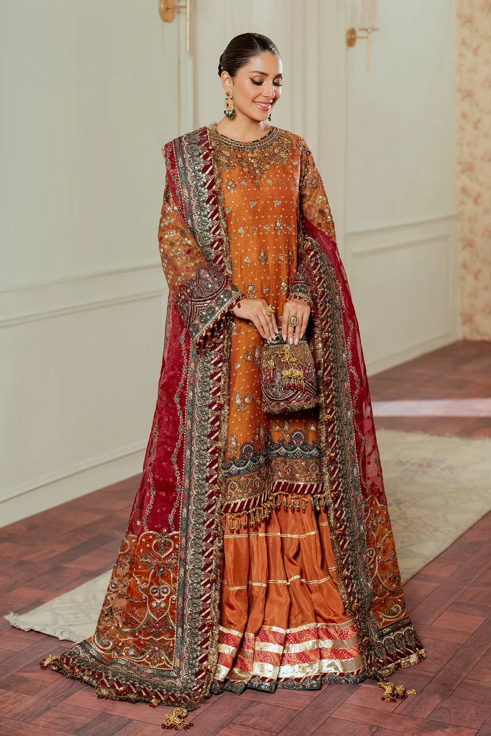 Rust Orange & Deep Maroon: Embroidered Chiffon Suit | Ready To Wear
