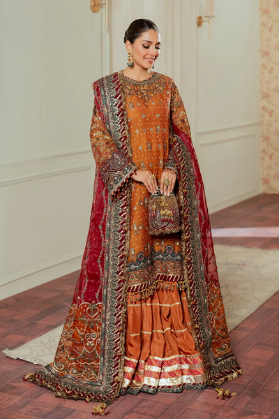 Rust Orange & Deep Maroon: Embroidered Chiffon Suit | Ready To Wear