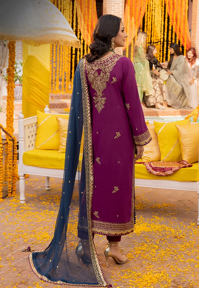 Grape Purple & Antique Gold: Embroidered Chiffon Suit