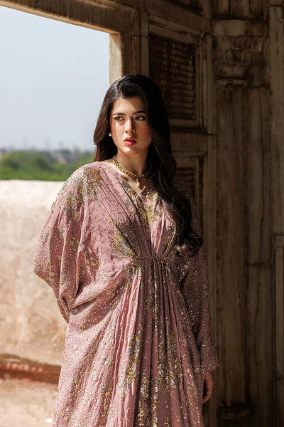 Rosewood Pink Kaftan Gown with Metallic Gold Work | Ready To Wear