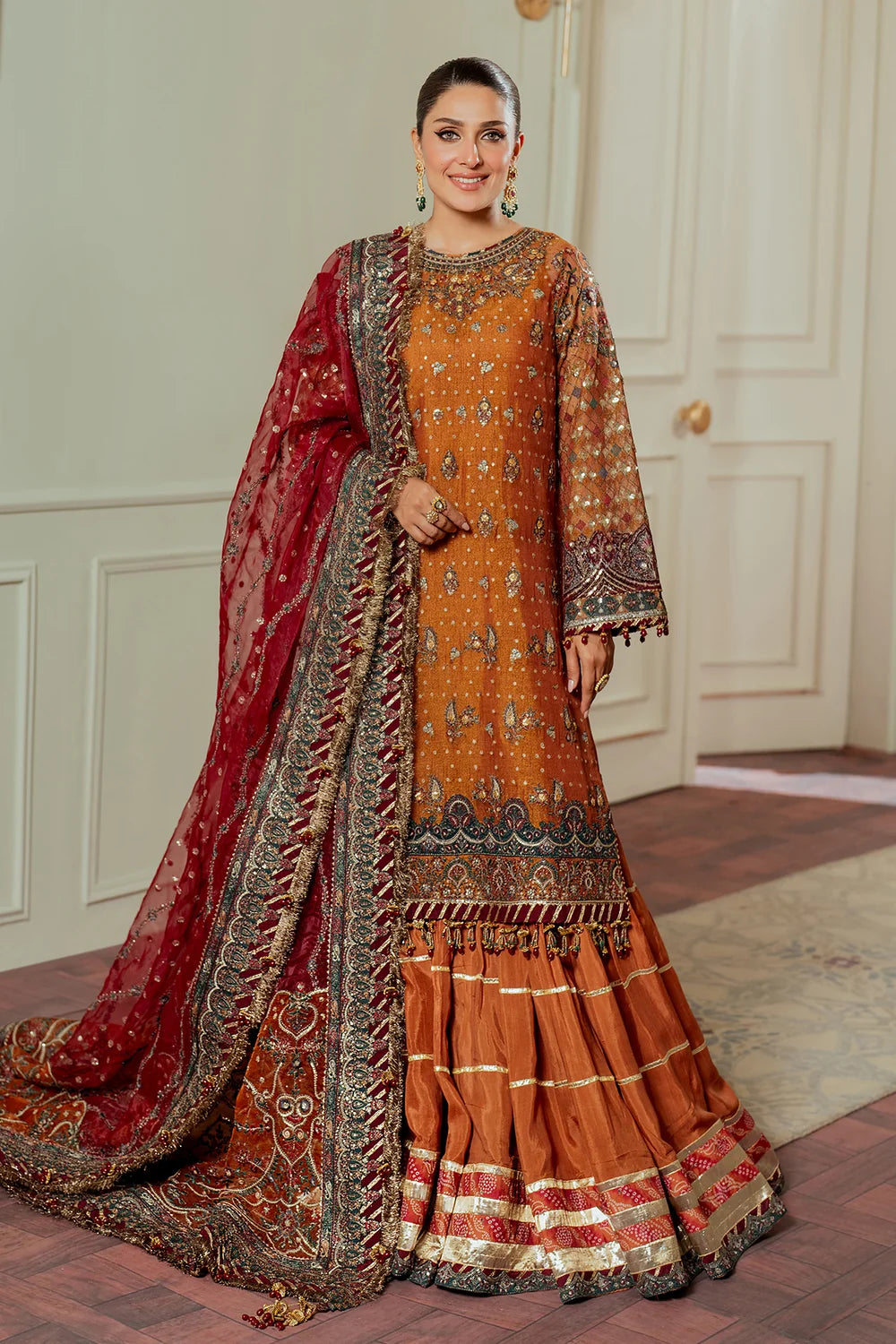 Rust Orange & Deep Maroon: Embroidered Chiffon Suit | Ready To Wear
