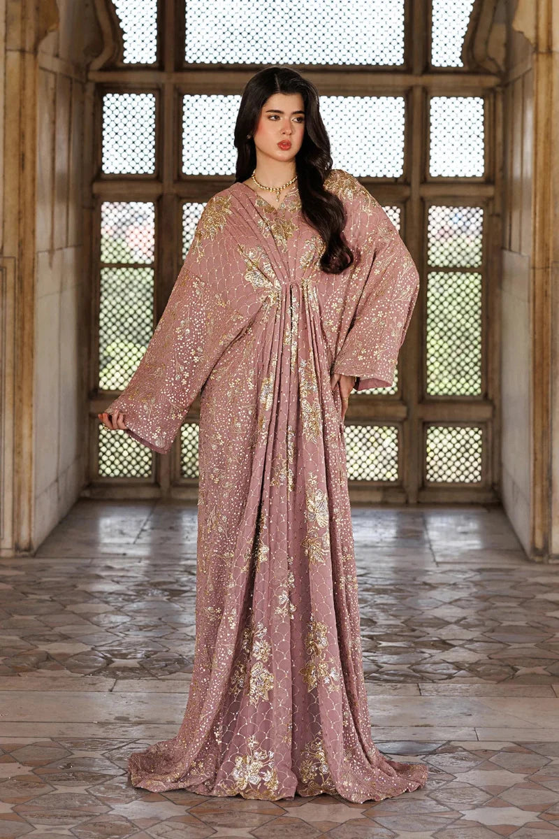 Rosewood Pink Kaftan Gown with Metallic Gold Work | Ready To Wear