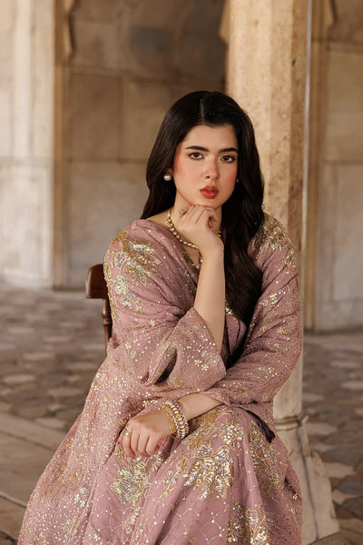 Rosewood Pink Kaftan Gown with Metallic Gold Work | Ready To Wear