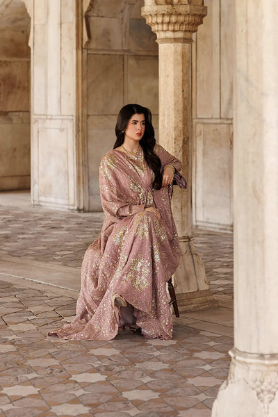 Rosewood Pink Kaftan Gown with Metallic Gold Work | Ready To Wear