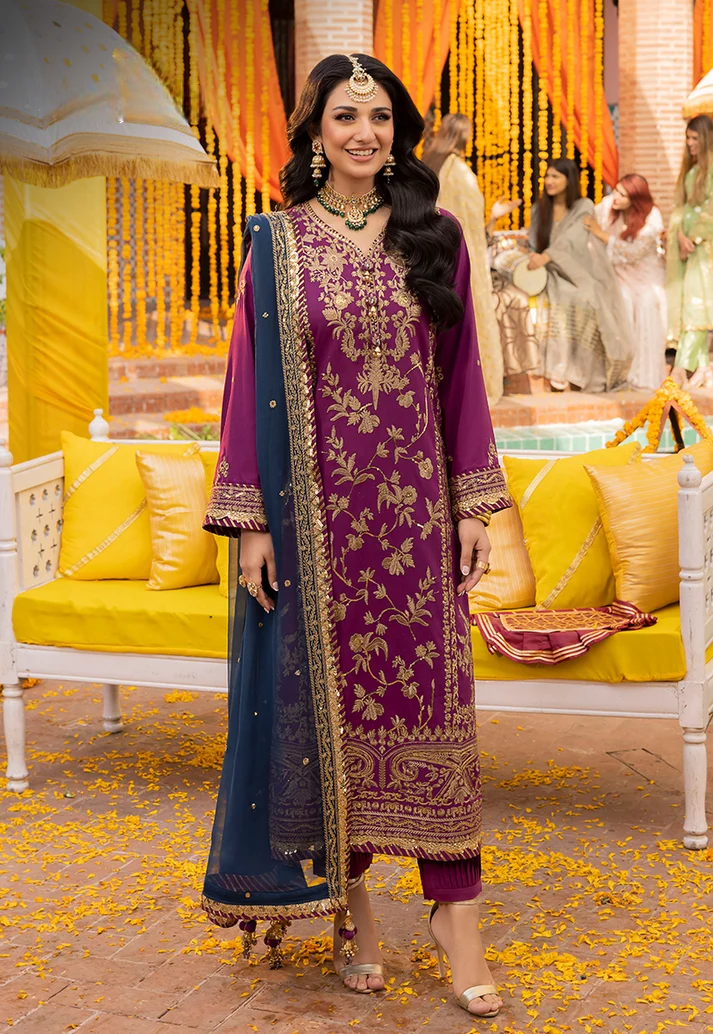 Grape Purple & Antique Gold: Embroidered Chiffon Suit