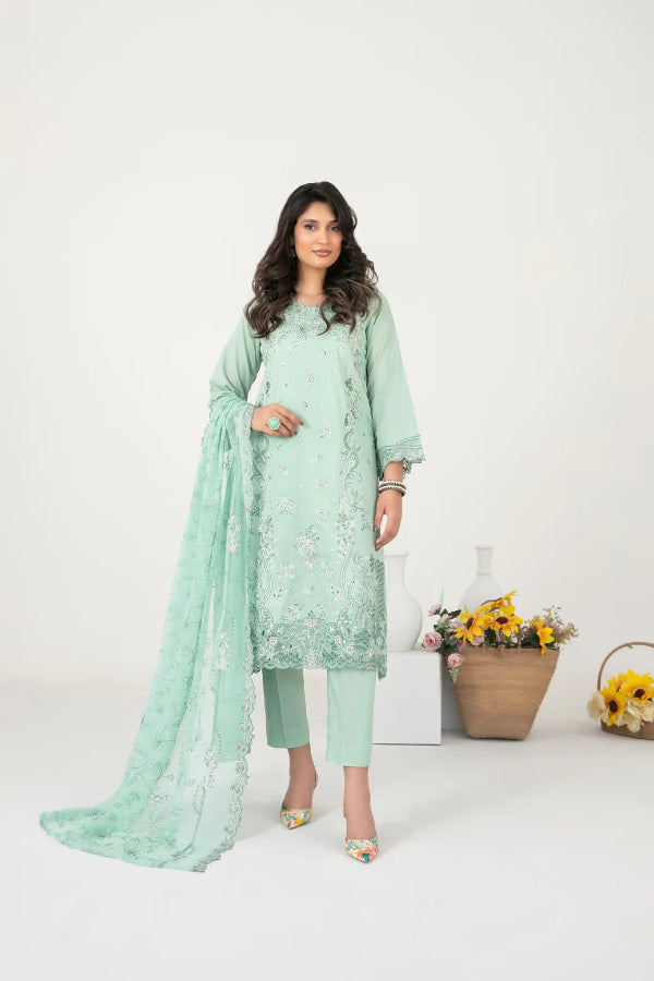 03-Piece Embroidered Cross Slub Lawn Shirt With Fancy Dupatta | Ready To Wear