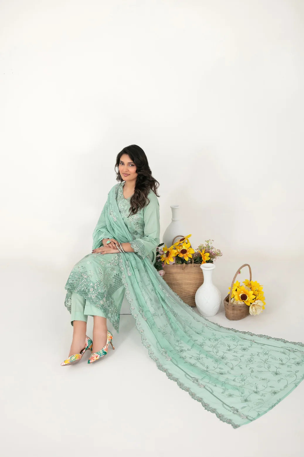 03-Piece Embroidered Cross Slub Lawn Shirt With Fancy Dupatta | Ready To Wear