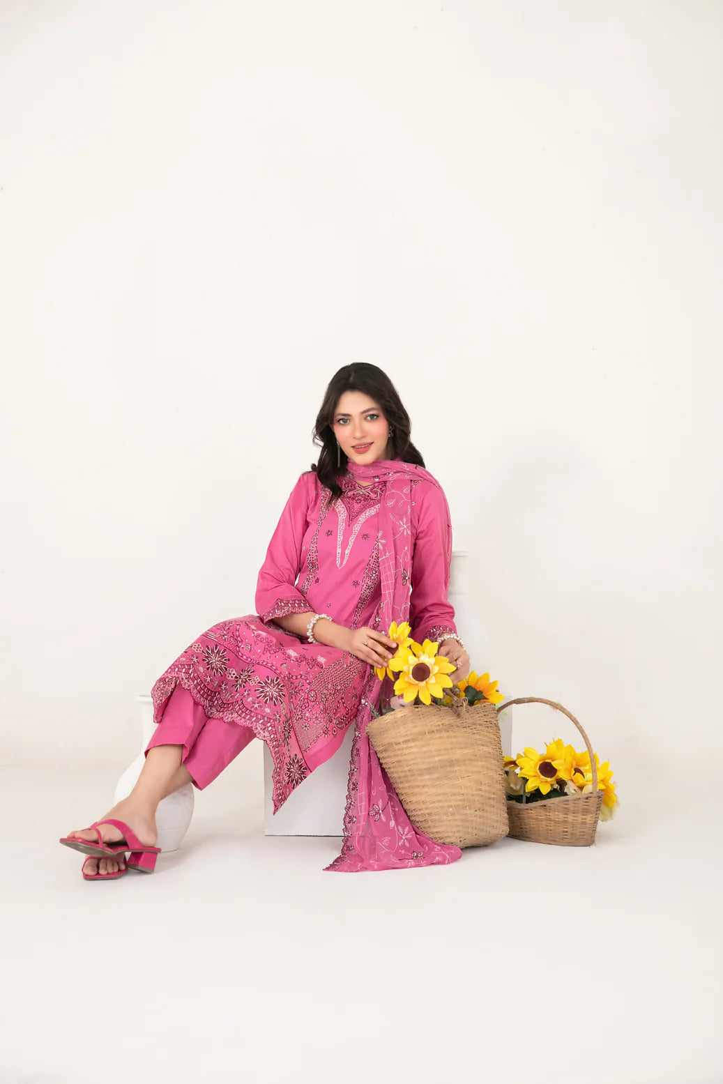 03-Piece Embroidered Cross Slub Lawn Shirt With Fancy Dupatta | Ready To Wear