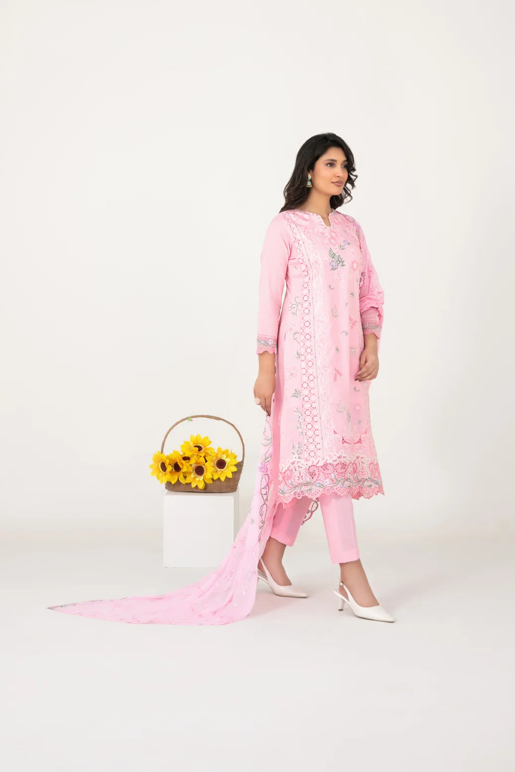 03-Piece Embroidered Cross Slub Lawn Shirt With Fancy Dupatta | Ready To Wear
