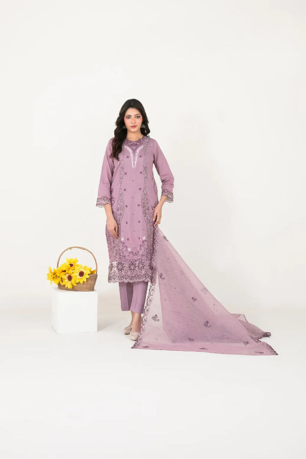 03-Piece Embroidered Cross Slub Lawn Shirt With Fancy Dupatta | Ready To Wear
