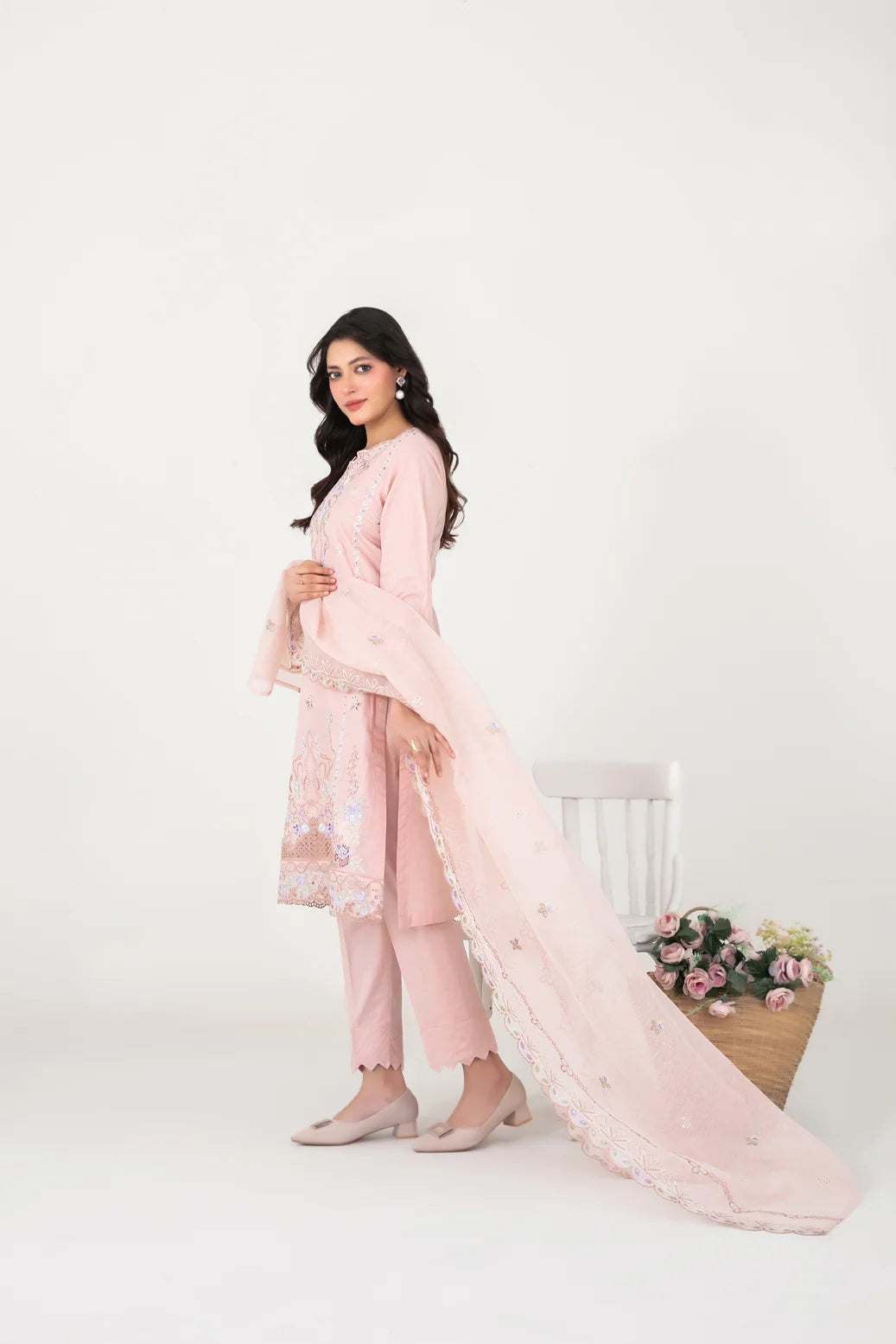 03-Piece Embroidered Cross Slub Lawn Shirt With Fancy Dupatta | Ready To Wear