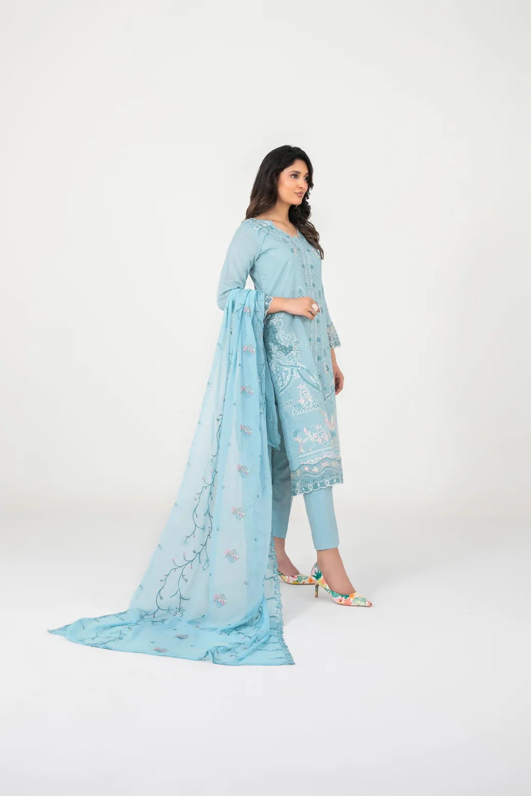03-Piece Embroidered Cross Slub Lawn Shirt With Fancy Dupatta | Ready To Wear
