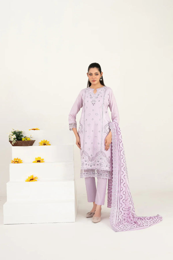 03-Piece Embroidered Lawn Suit & Plain Cotton Trouser | Ready To Wear