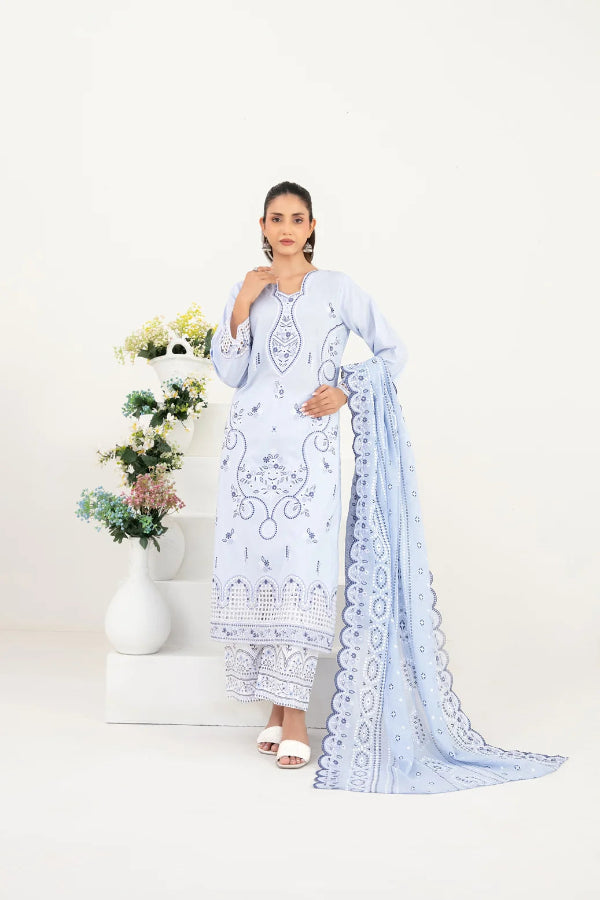 03-Piece Embroidered Lawn Suit & Plain Cotton Trouser | Ready To Wear