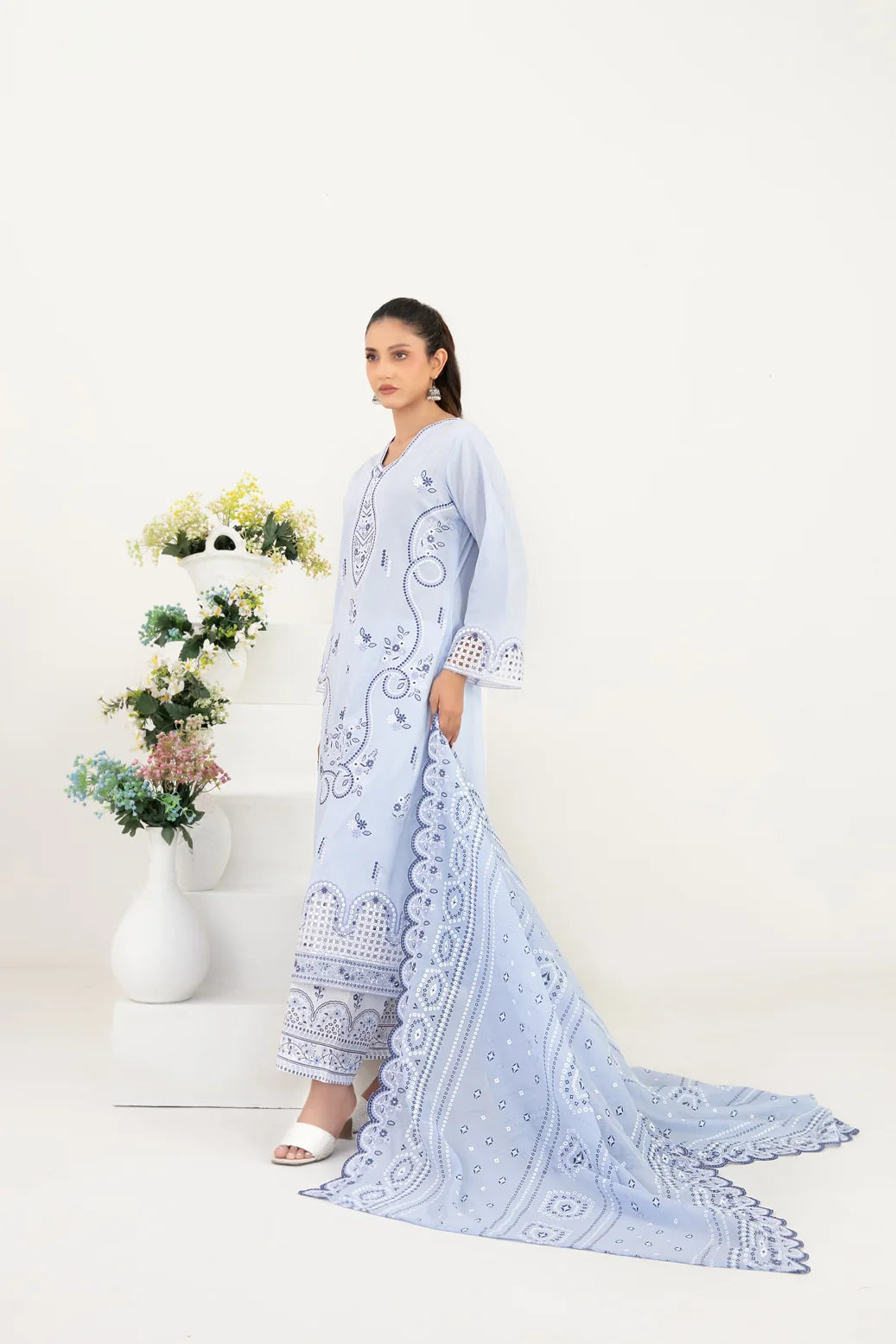 03-Piece Embroidered Lawn Suit & Plain Cotton Trouser | Ready To Wear