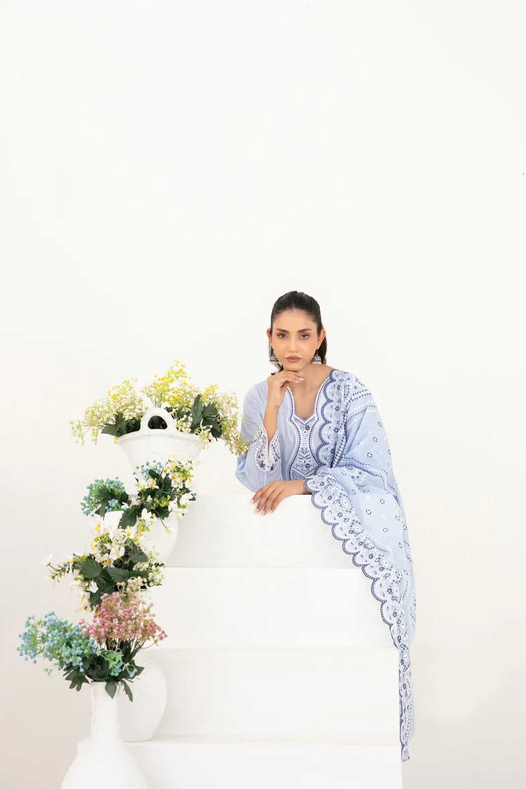 03-Piece Embroidered Lawn Suit & Plain Cotton Trouser | Ready To Wear