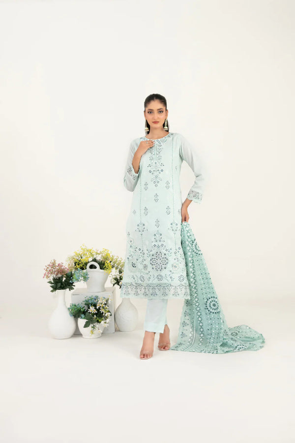03-Piece Embroidered Lawn Suit & Plain Cotton Trouser | Ready To Wear