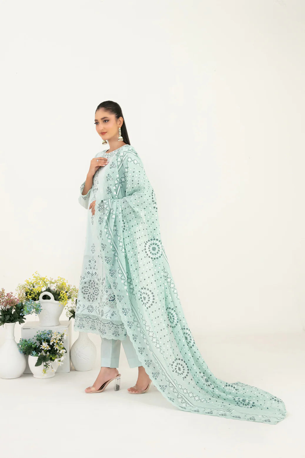 03-Piece Embroidered Lawn Suit & Plain Cotton Trouser | Ready To Wear