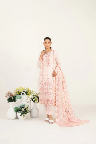 03-Piece Embroidered Lawn Suit & Plain Cotton Trouser | Ready To Wear
