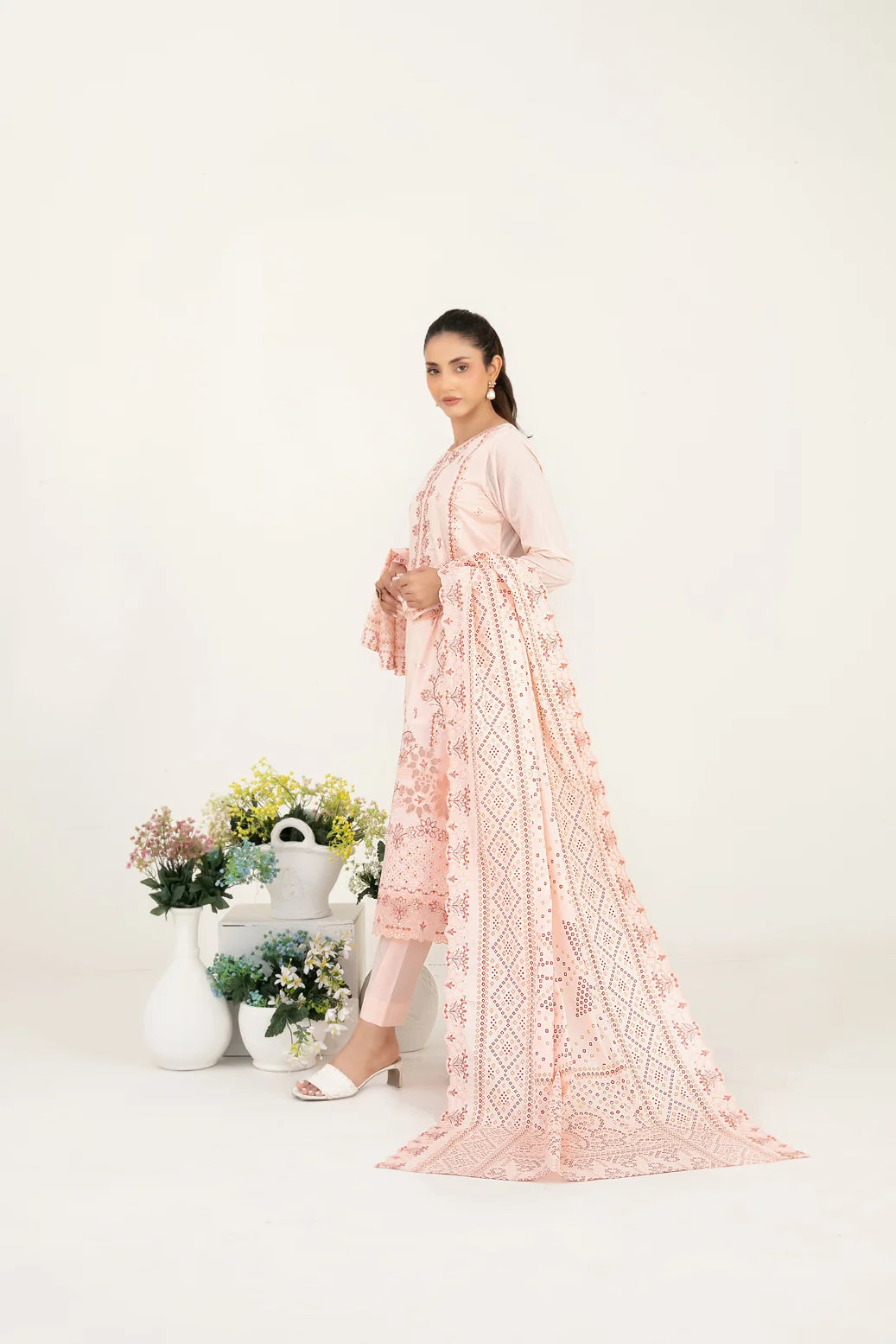 03-Piece Embroidered Lawn Suit & Plain Cotton Trouser | Ready To Wear