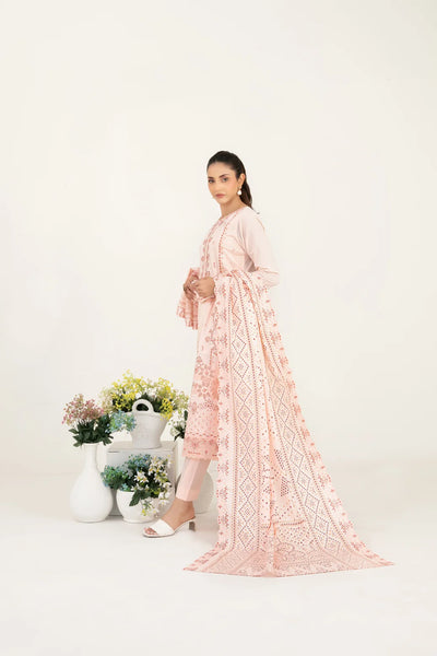 03-Piece Embroidered Lawn Suit & Plain Cotton Trouser | Ready To Wear