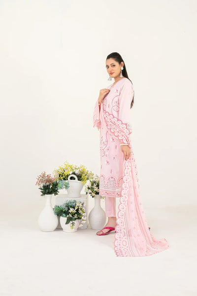 03-Piece Embroidered Lawn Suit & Plain Cotton Trouser | Ready To Wear