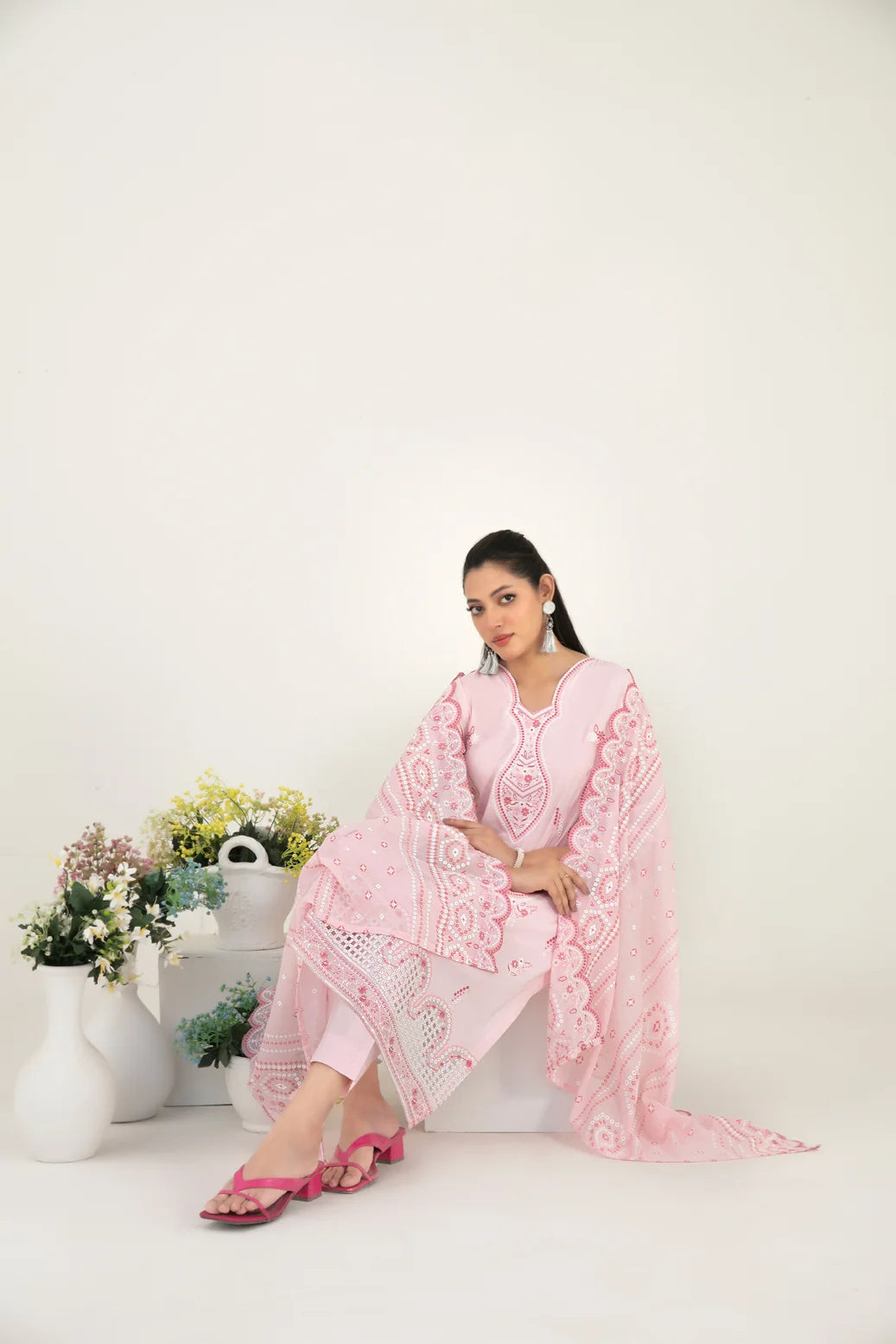 03-Piece Embroidered Lawn Suit & Plain Cotton Trouser | Ready To Wear