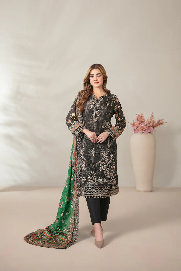 03-Piece Embroidered Printed Lawn Shirt With Cotton Trouser | Ready To Wear