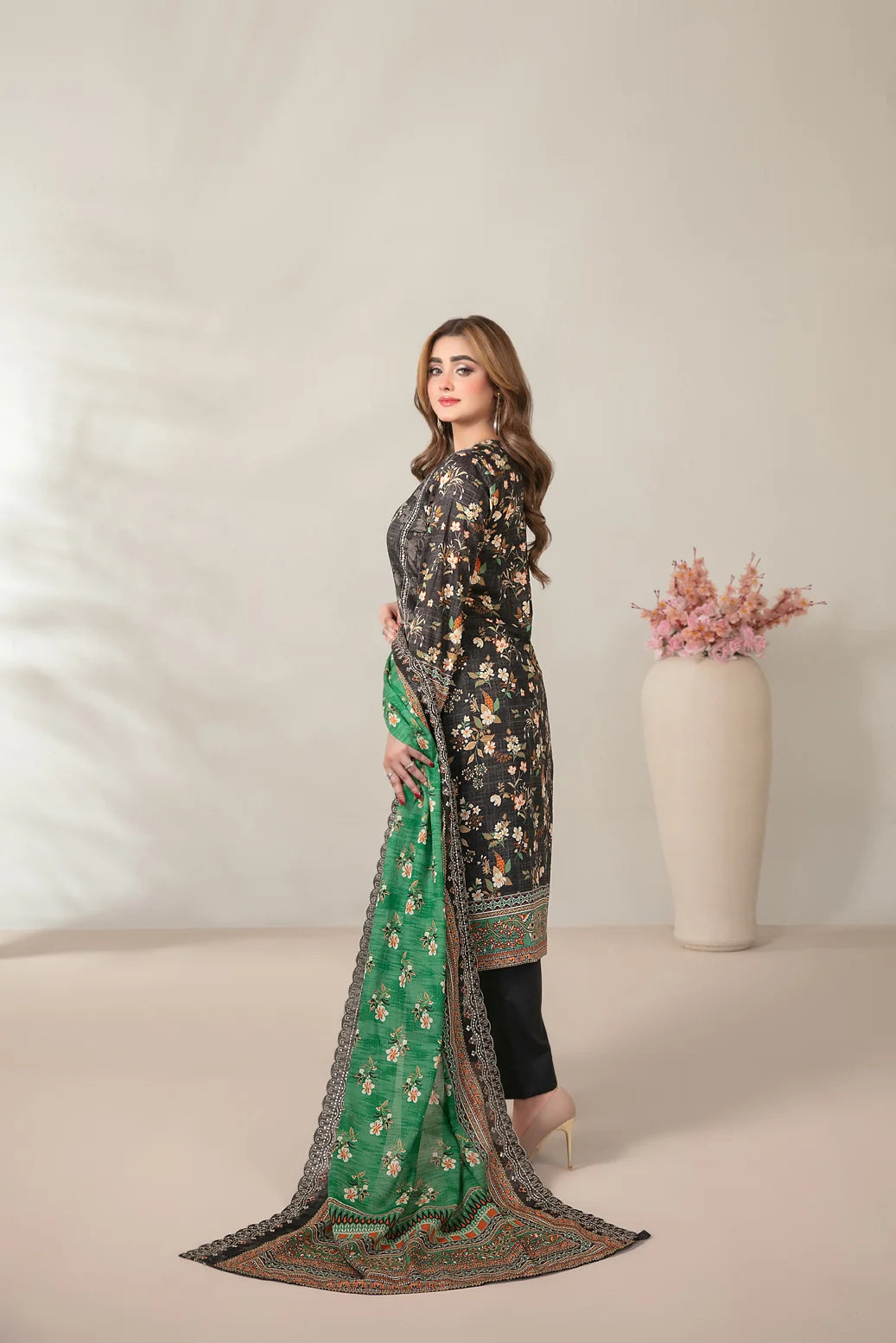 03-Piece Embroidered Printed Lawn Shirt With Cotton Trouser | Ready To Wear