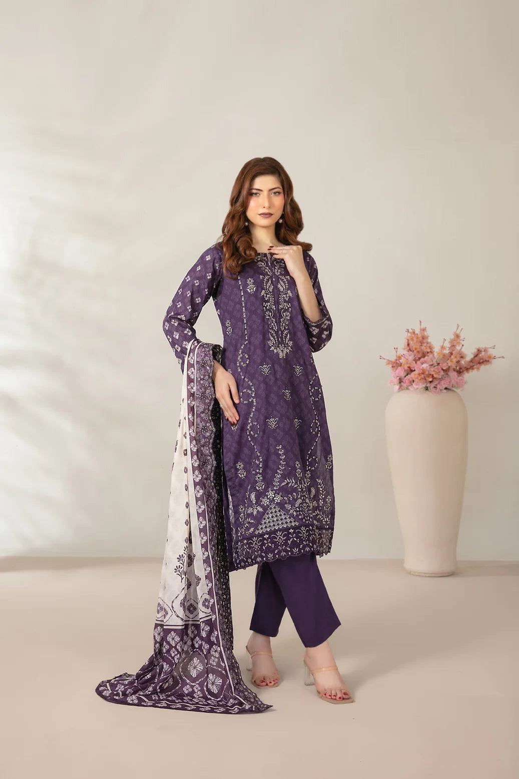 03-Piece Embroidered Printed Lawn Shirt With Cotton Trouser | Ready To Wear