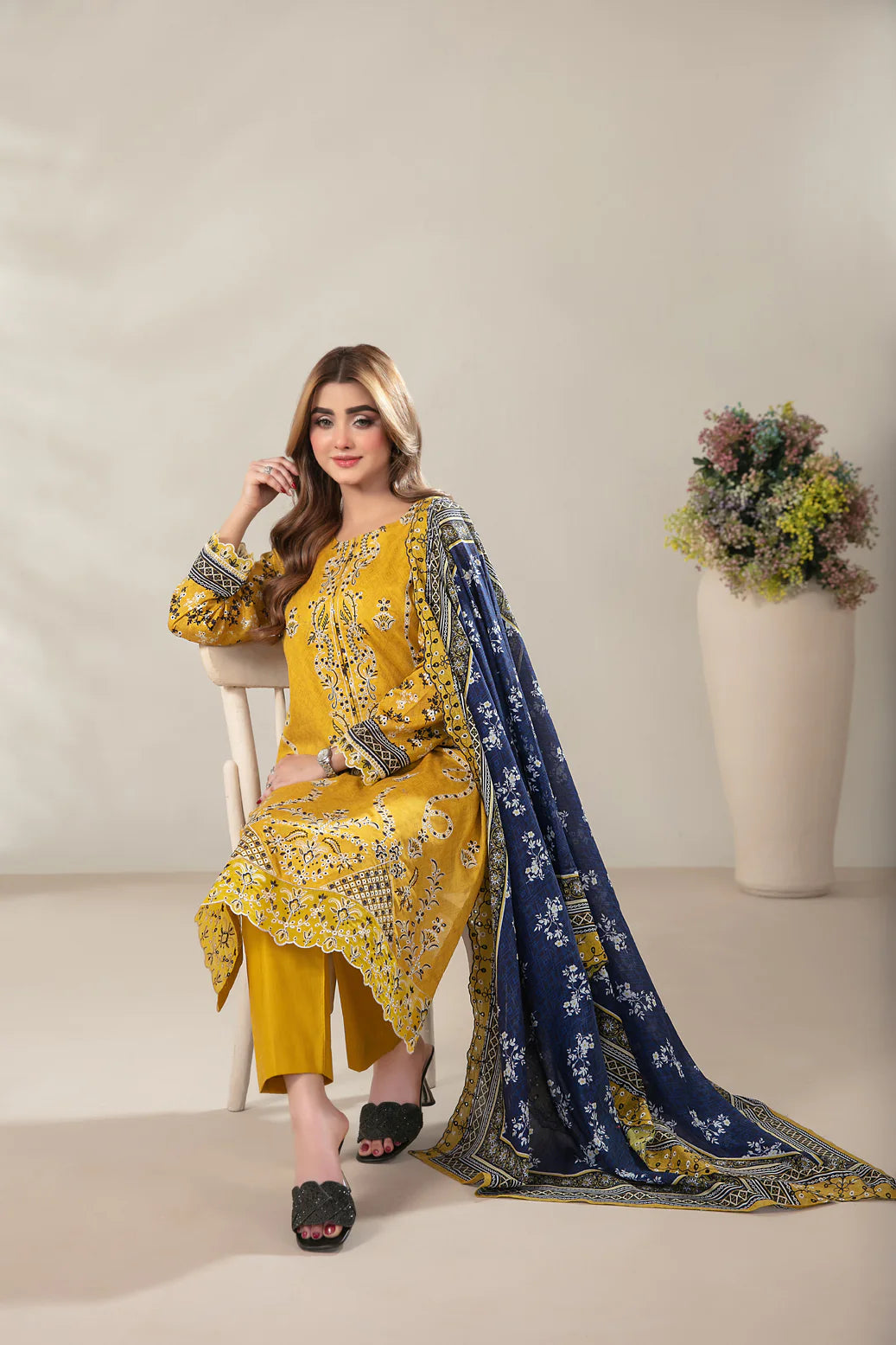 03-Piece Embroidered Printed Lawn Shirt With Cotton Trouser | Ready To Wear