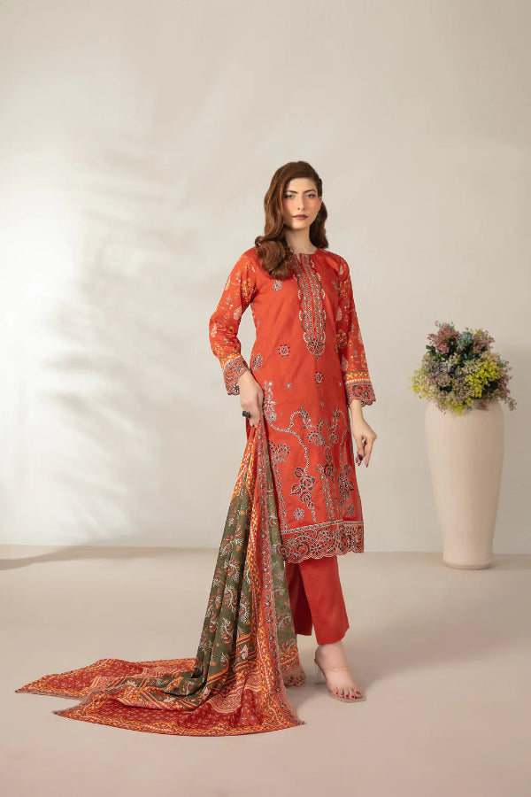 03-Piece Embroidered Printed Lawn Shirt With Cotton Trouser | Ready To Wear