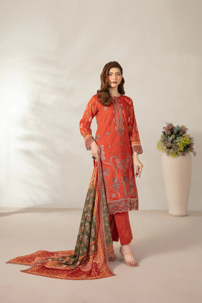 03-Piece Embroidered Printed Lawn Shirt With Cotton Trouser | Ready To Wear