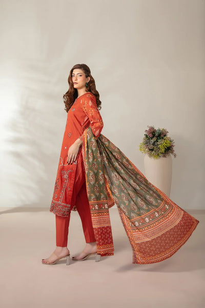 03-Piece Embroidered Printed Lawn Shirt With Cotton Trouser | Ready To Wear
