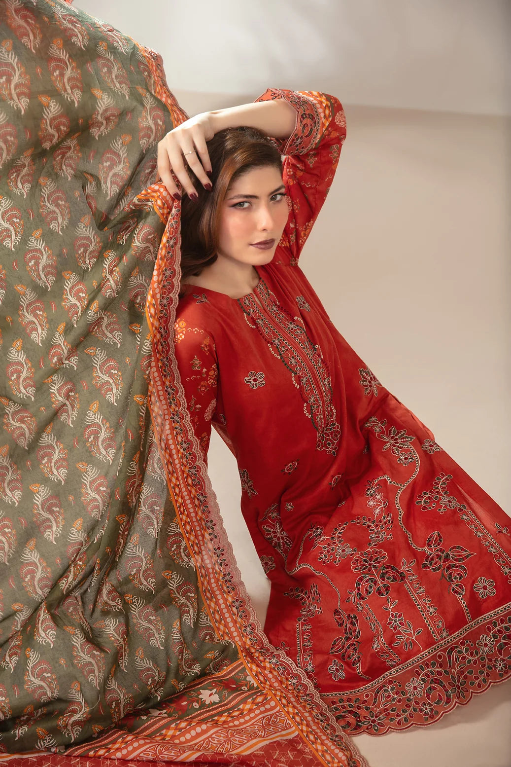 03-Piece Embroidered Printed Lawn Shirt With Cotton Trouser | Ready To Wear