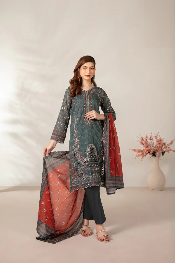 03-Piece Embroidered Printed Lawn Shirt With Cotton Trouser | Ready To Wear