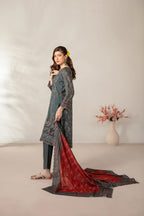 03-Piece Embroidered Printed Lawn Shirt With Cotton Trouser | Ready To Wear